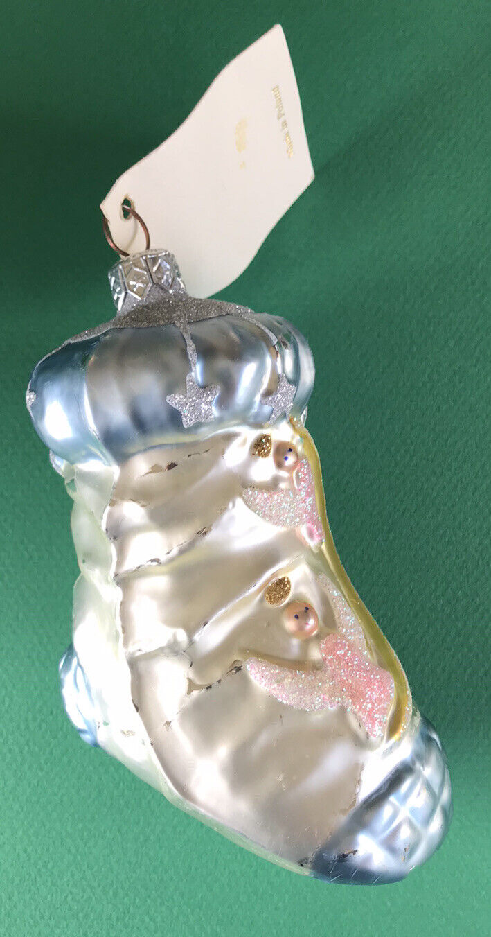 Patricia Breen Christmas Ornament Stocking Blue w/Pink Angels Blown Glass Poland