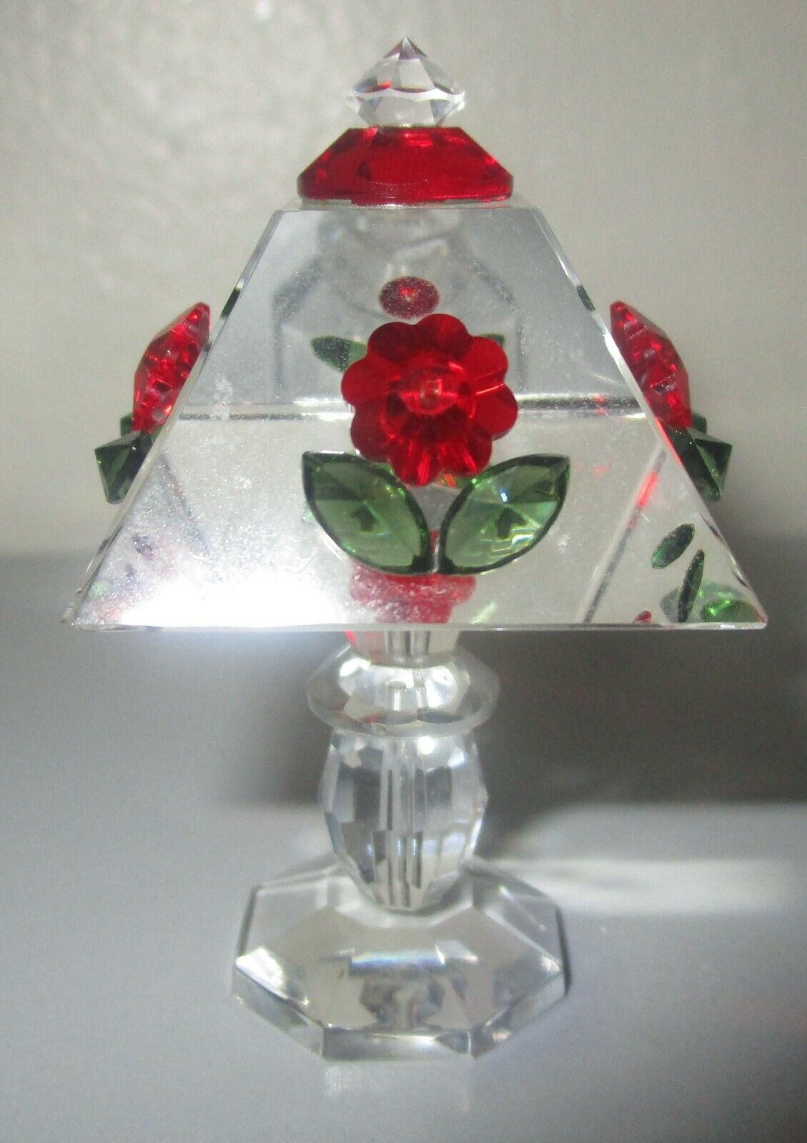 Crystal Table Lamp Mini Figurine Mirror Base Flowers Red Green 2 1/8\