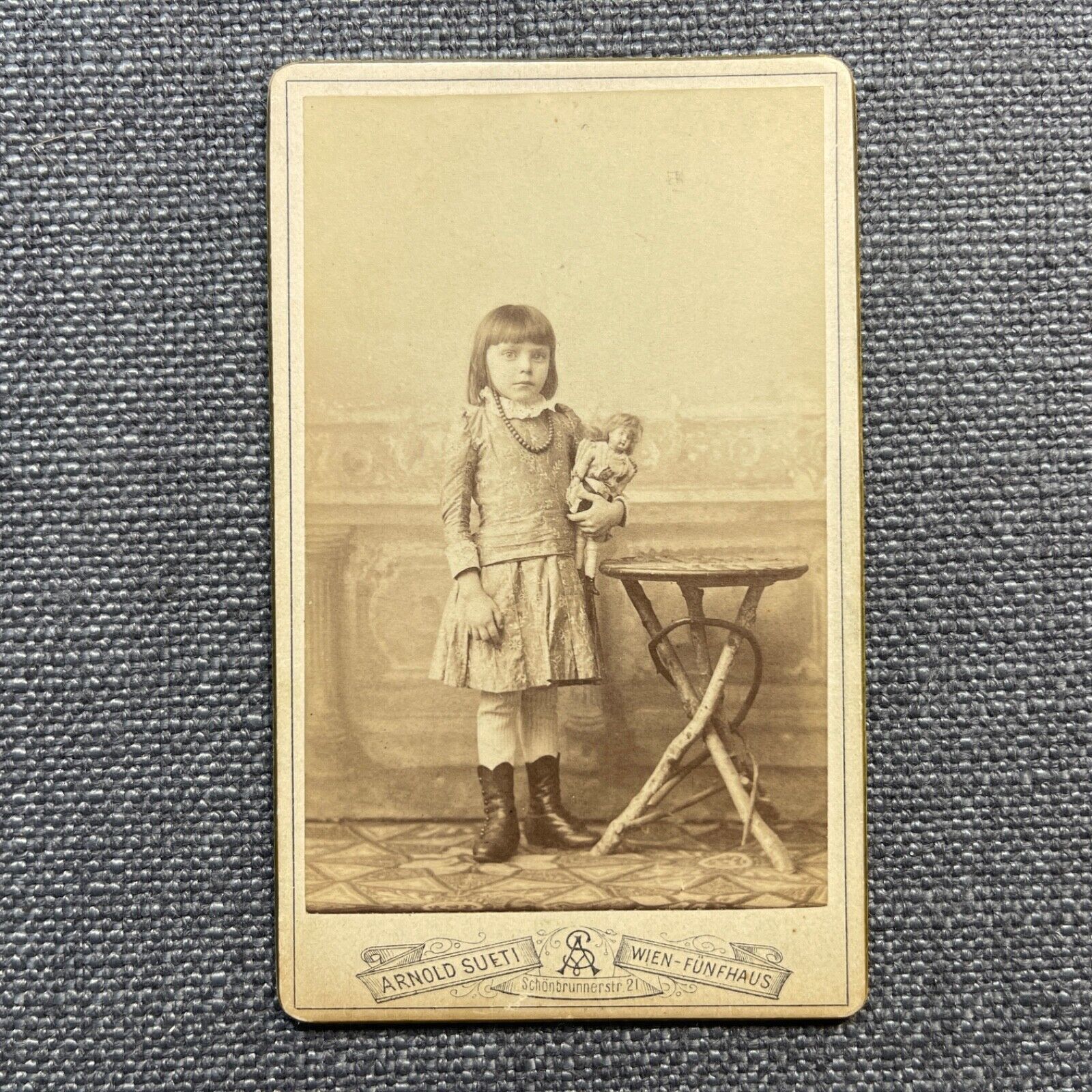 CDV Photo Antique Portrait Little Girl in Dress Necklace Holding a Doll Austria