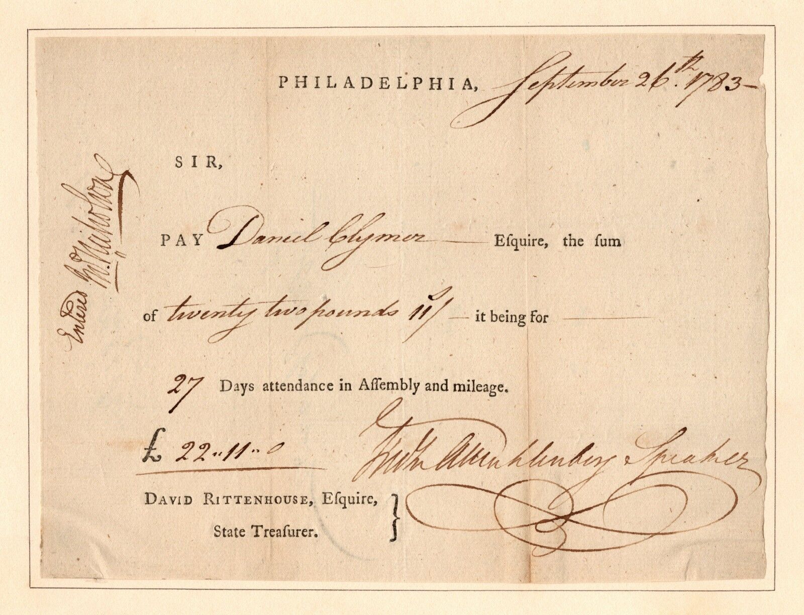 Frederick Muhlenberg - 1783 Document Signed - Paycheck for PA State Assemblyman