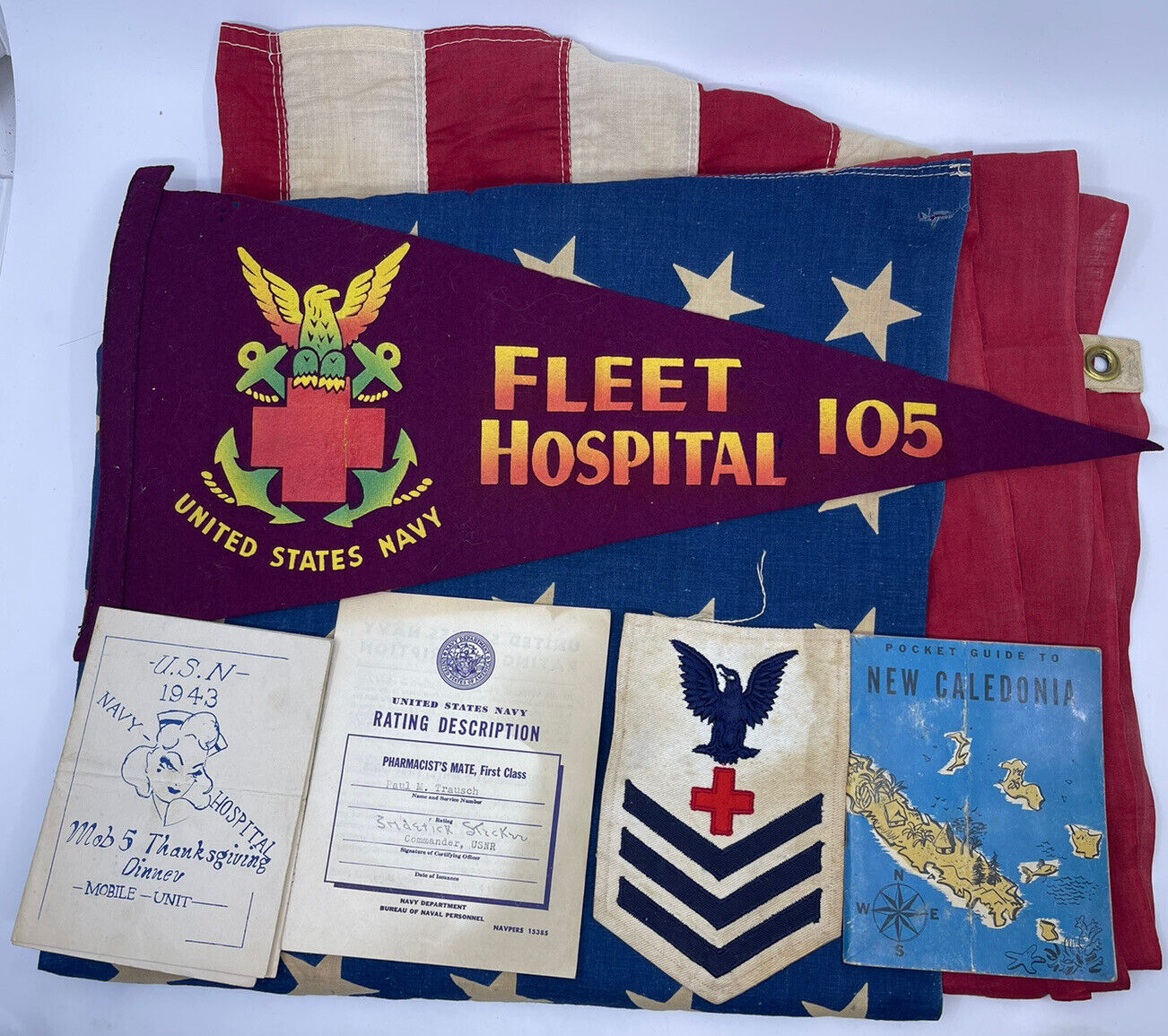 WWII US Navy Lot 1943 Flag Menu Patch Photo Fleet Hospital 105 New Caldonia AU