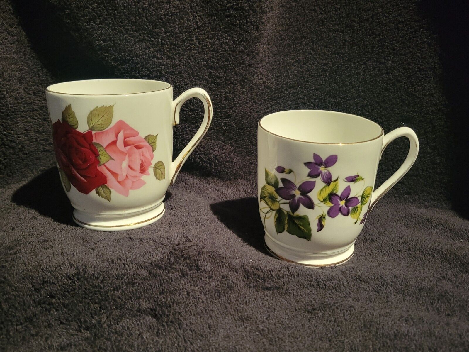 Pair Of Vintage Delphine China Tea Cups Violets And Roses Made In England