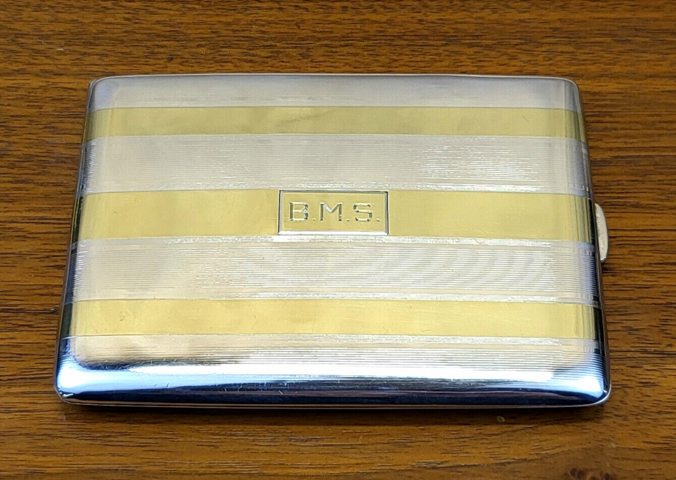 Late 20s James E. Blake Co. Sterling Silver & Wide 18K Gold Band Cigarette Case