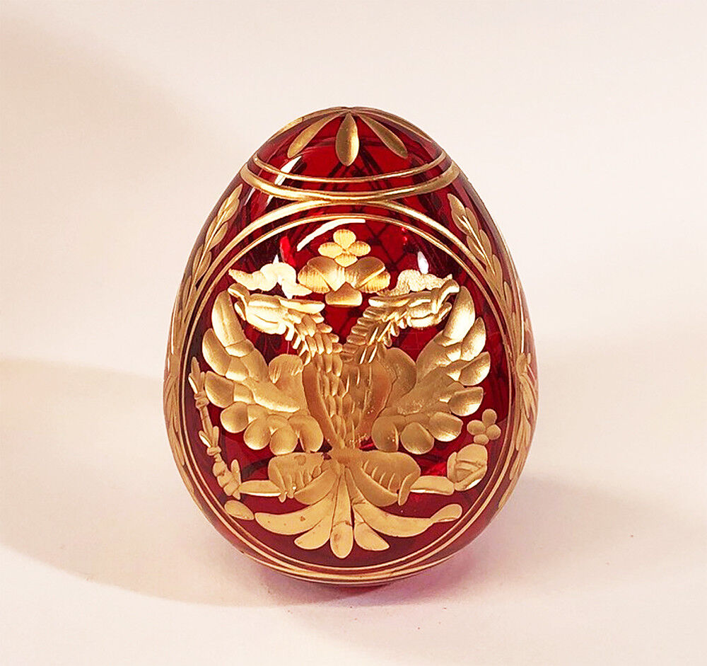 Collectible Genuine Russian Glass Red Egg AUTHENTIC Russian Double Headed Eagle 