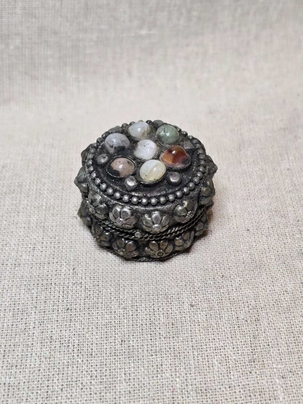 Vintage Trinket Box Hand Made Ornate Silverplated Small With Gemstones
