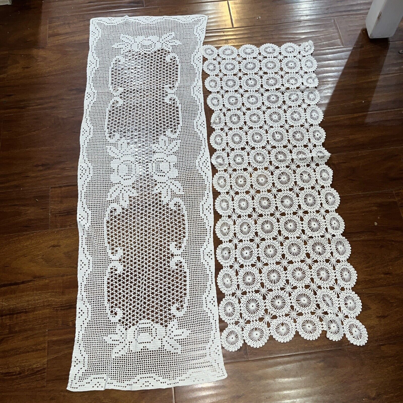 Lot of (2) Antique Vintage White Crocheted Lace Dresser Scarfs or Table Runners