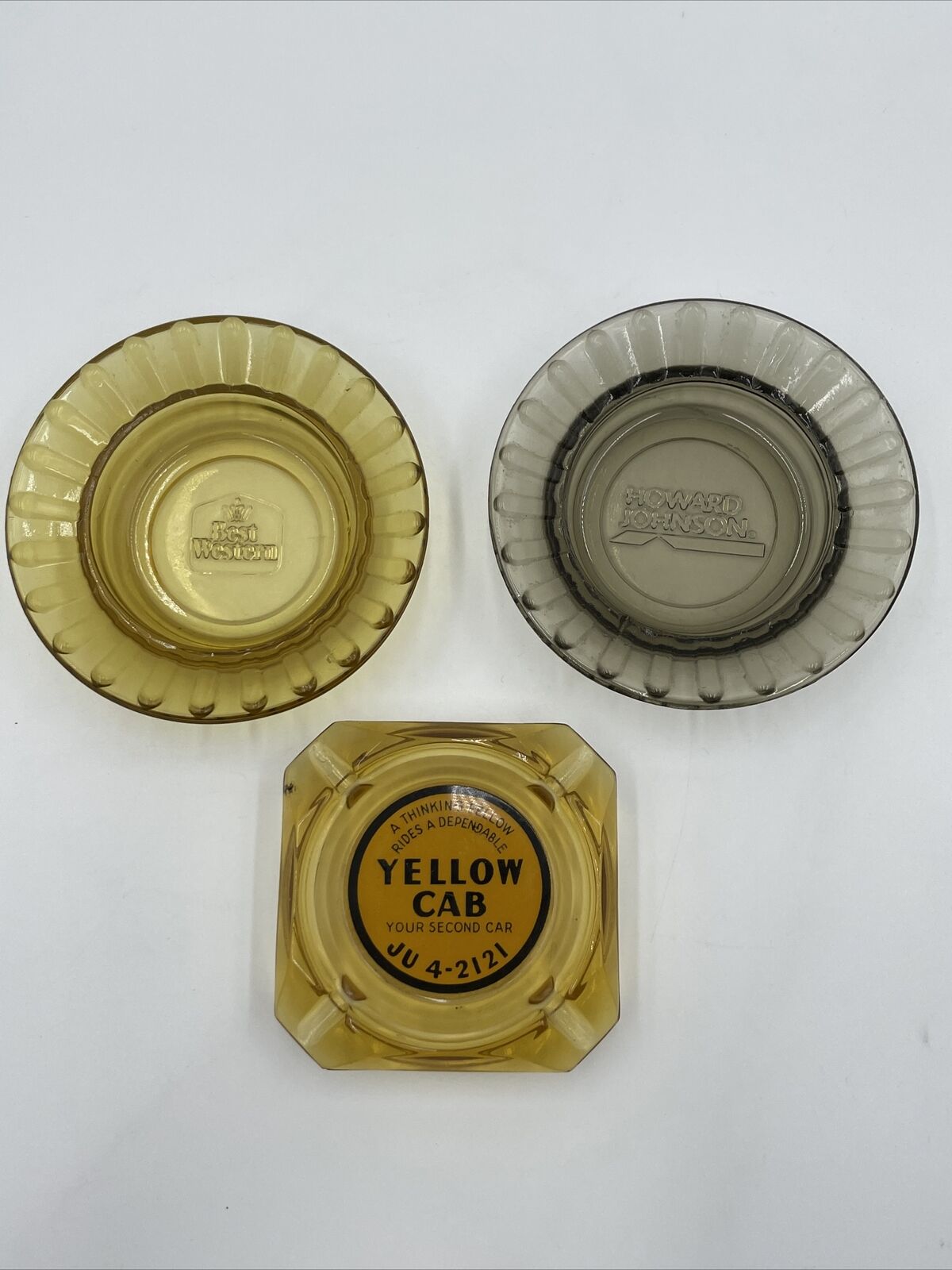 3 Vintage Ashtray Advertising Souvenir Yellow Cab Amber Glass Best Western Hotel