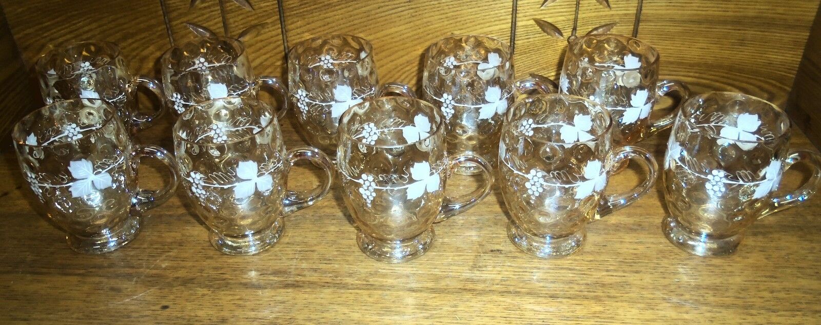 Set of 8 Antique Iridescent Glass Cups w/ White Painted Decoration