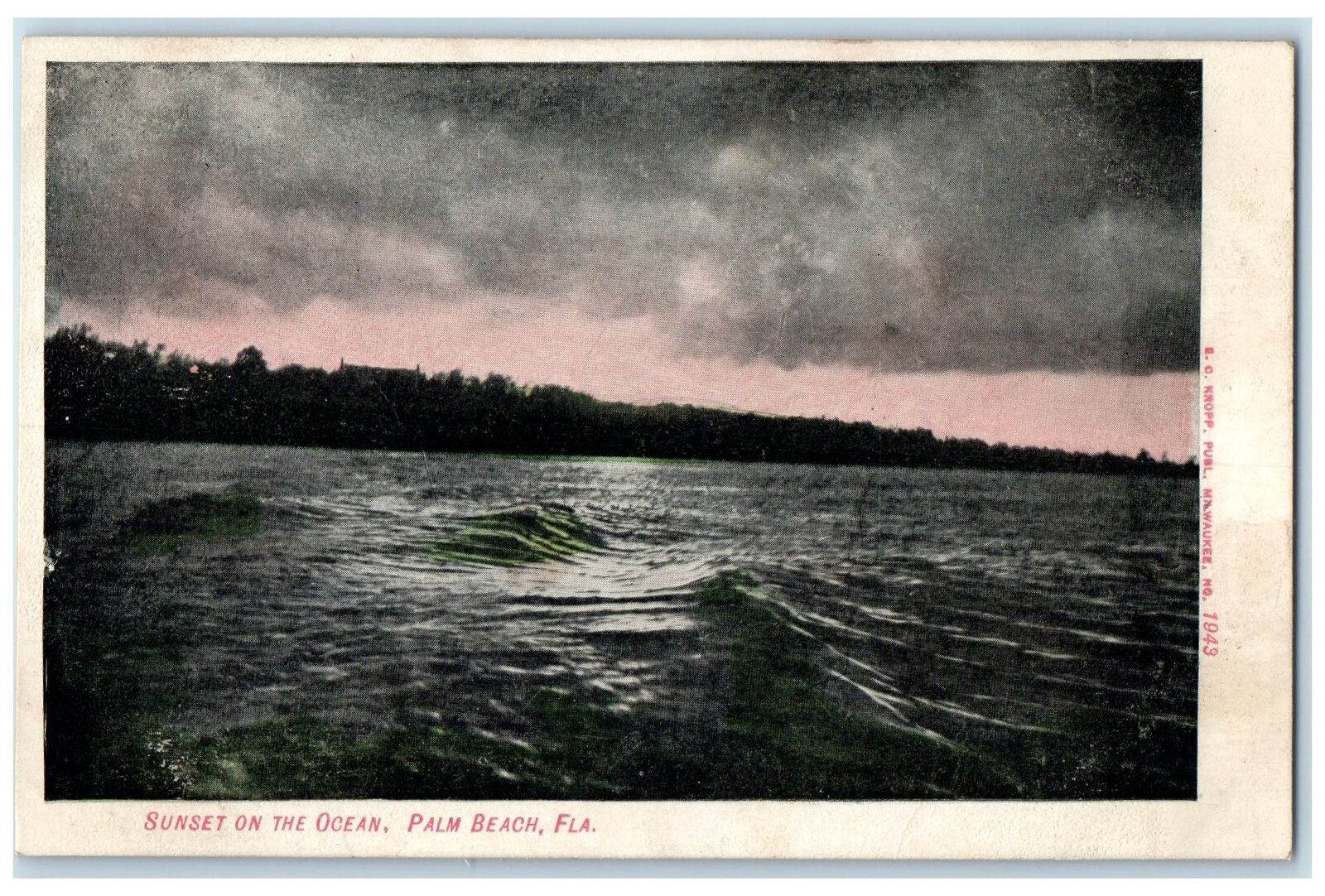 c1905's Sunset On The Ocean Big Waves Groves Palm Beach Florida Antique Postcard