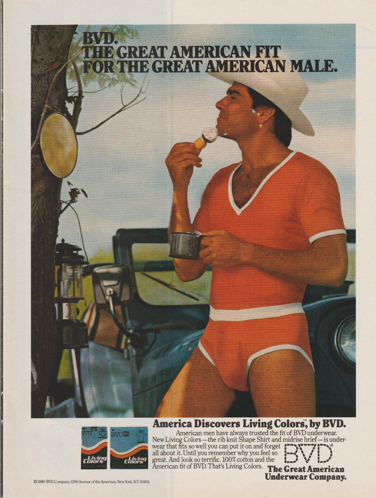 1980 BVD Men\'s Underwear - Lantern Jeep Cowboy Wilderness Shave - Print Ad Photo