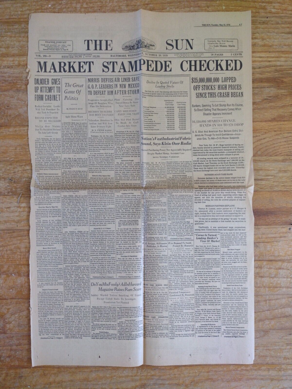1930 October 30 Baltimore Sun Newspaper STOCK MARKET CRASH HEADLINE (read)