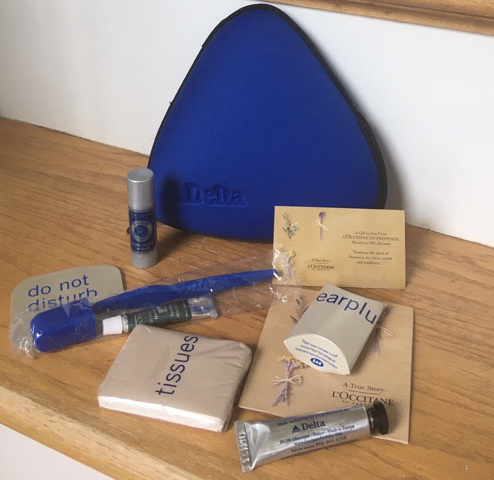 Vintage Delta Air Lines Blue Triangle Travel Amenities Kit With L'Occitane Items