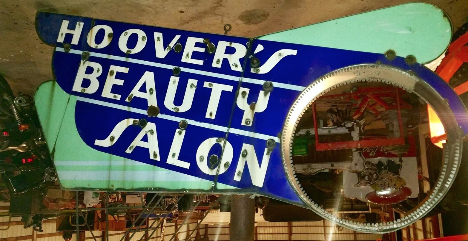 large double sided porcelain neon sign Hoovers beauty supply vintage on stand