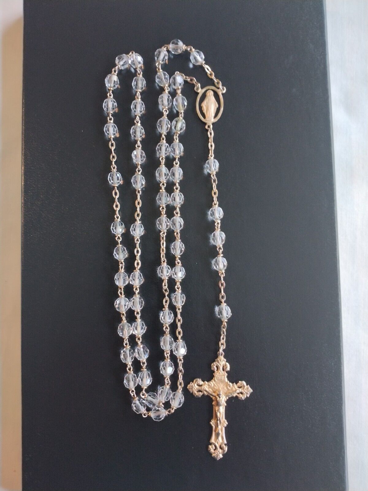 Vintage Chapel Silver Filled Rock Crystal Beads Crucifix Cross Rosary Necklace