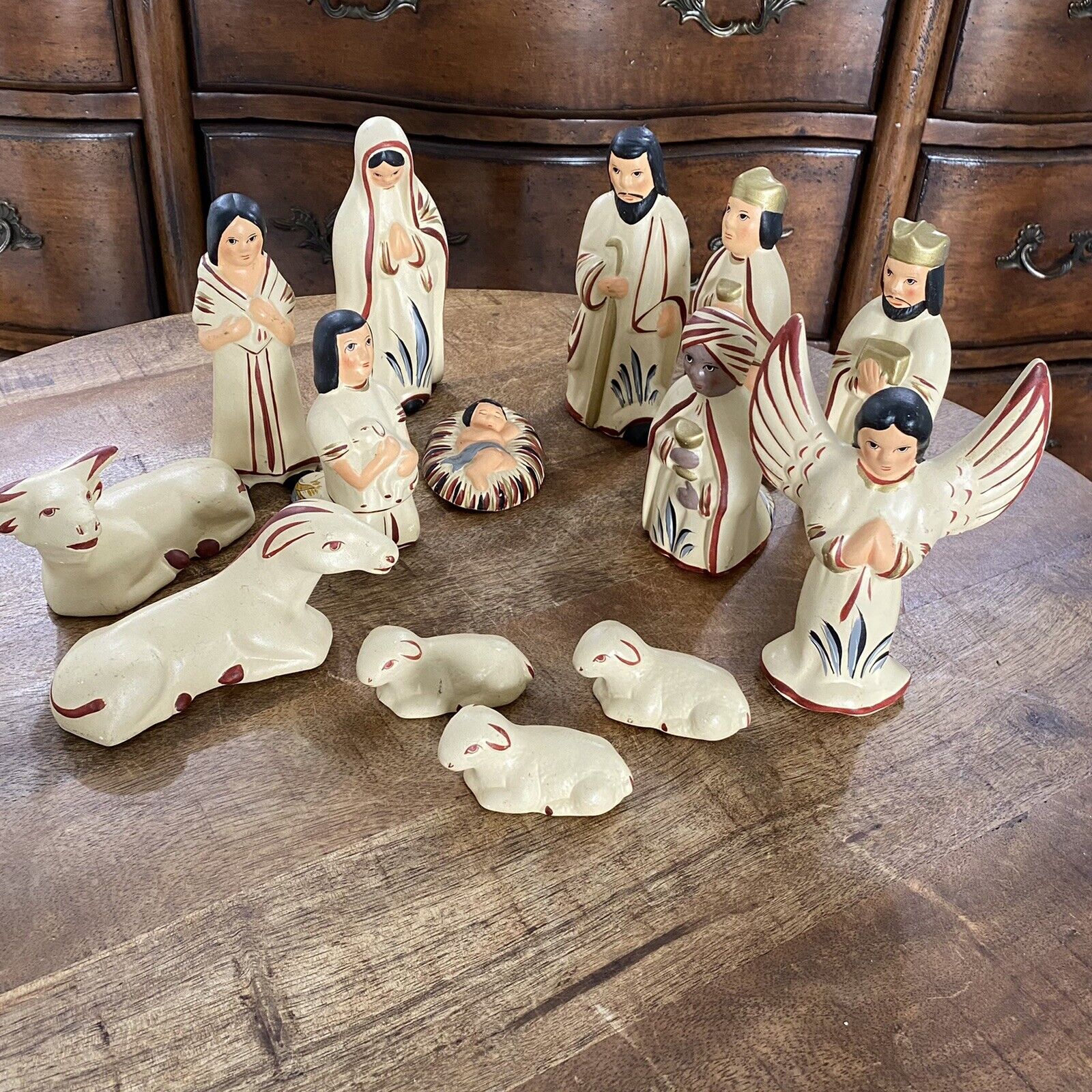 Vtg Mexican Tonala Pottery Folk Art 14 Piece Nativity Set Creche Christmas