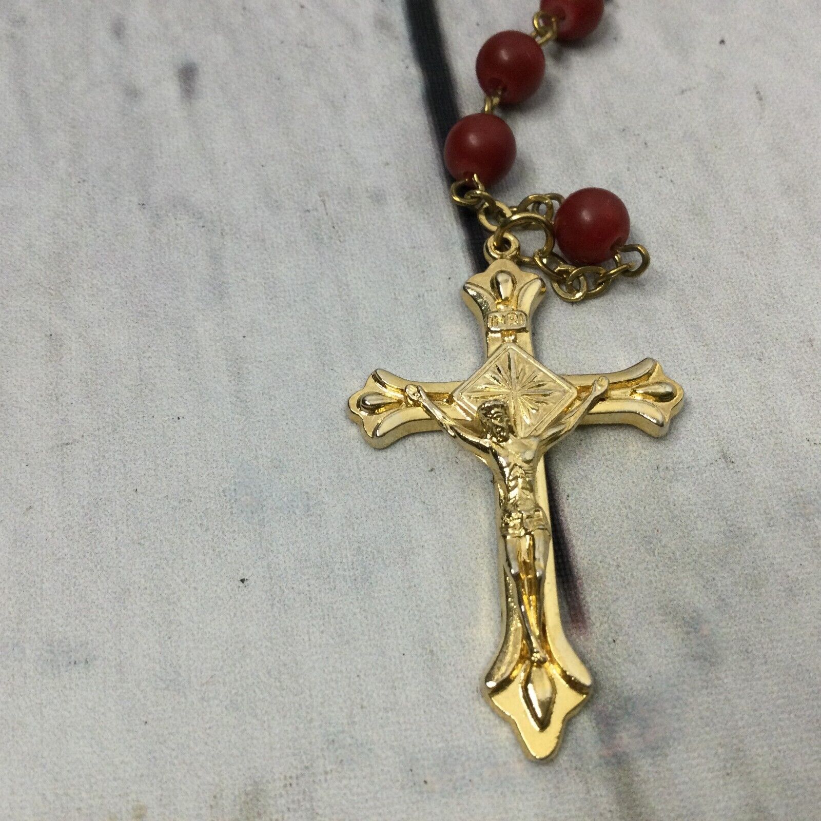 Vintage Beaded Rosary Necklace Crucifix Maroon Prayer 