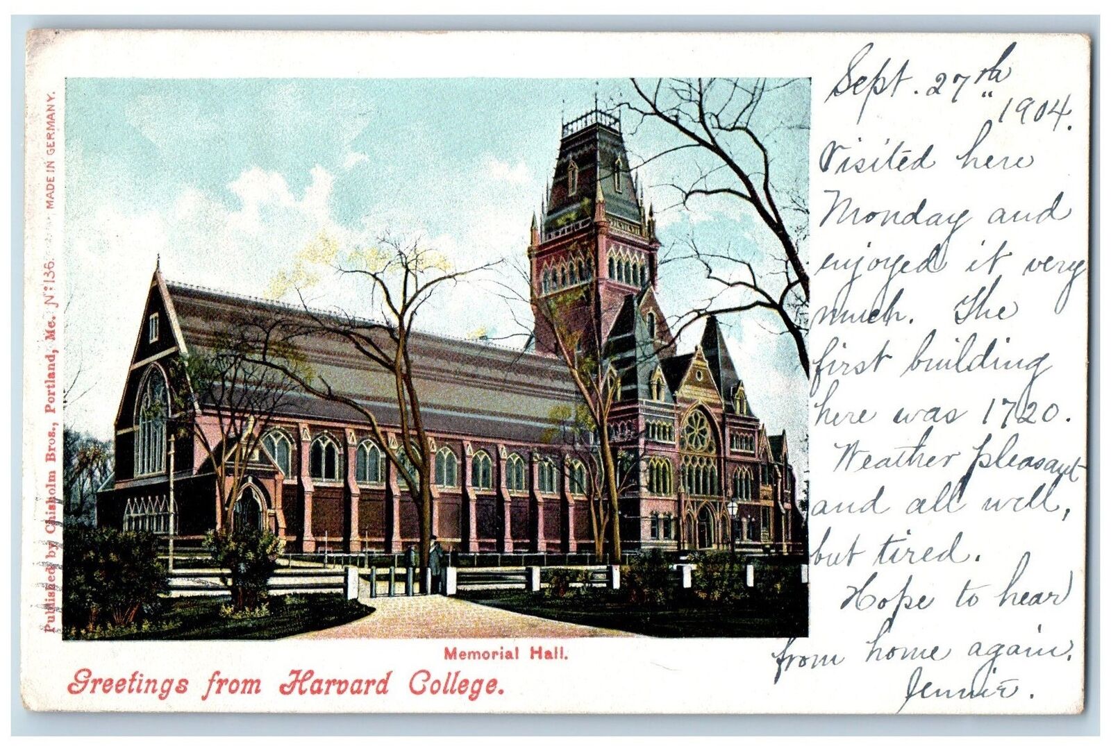c1904 Greetings From Harvard College Memorial Hall Boston Massachusetts Postcard