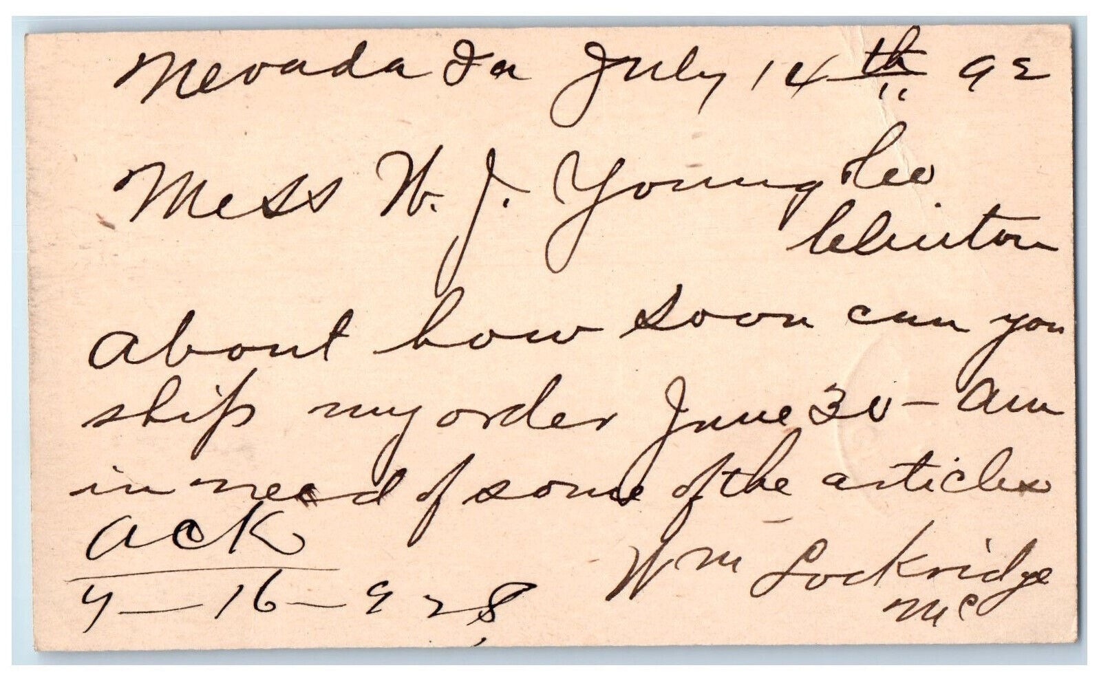 1892 WJ Young and Co WM Lockridge Nevada Iowa IA Clinton Iowa IA Postal Card