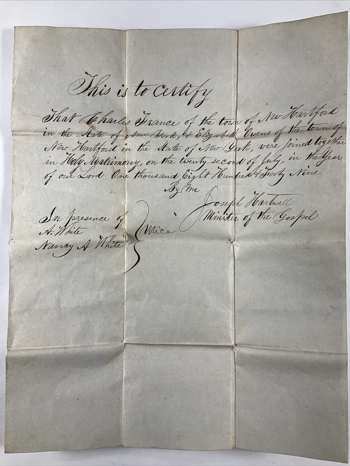 1849 New Harford New York Antique Marriage Handwritten Certificate