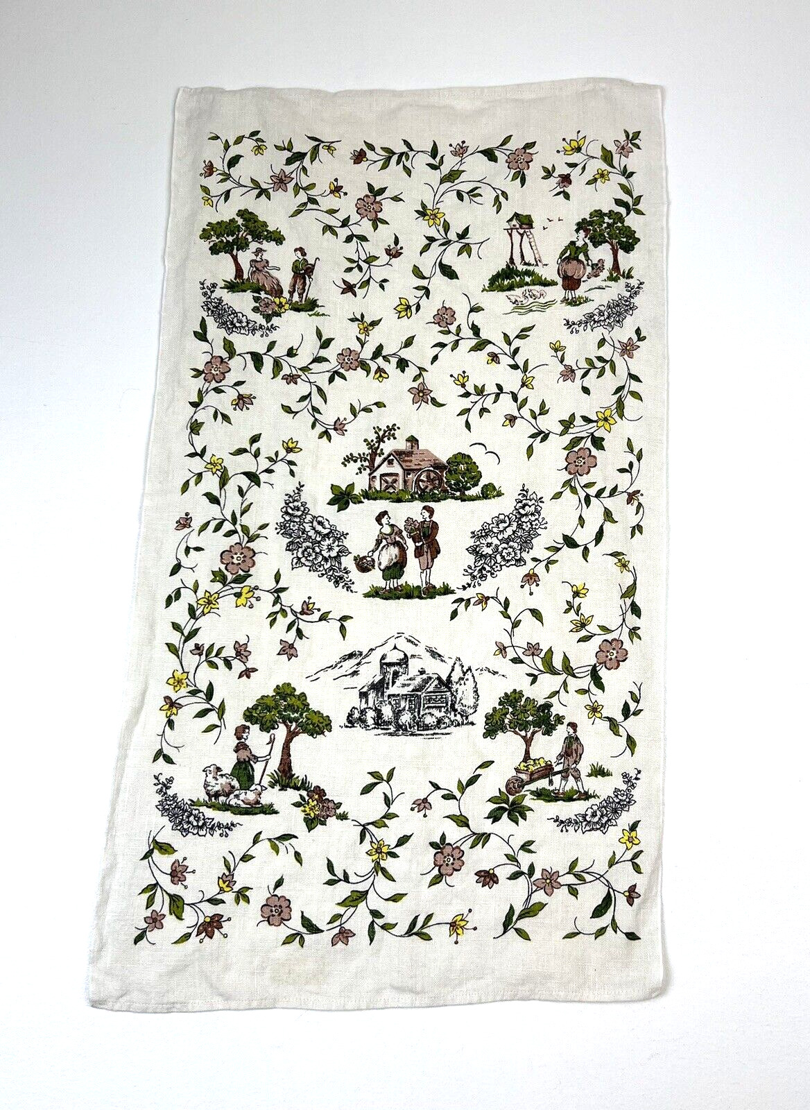 Vtg KayDee Tea Towel 100% Linen Pastoral Floral Settler Colonist Cottagecore