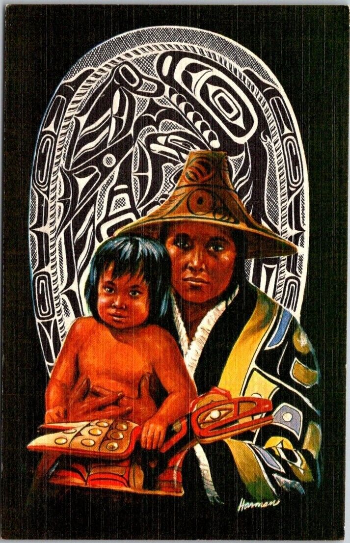 Indian Mother Wearing a Chilkat Blanket & Haida Hat Vintage Linen Postcard A82
