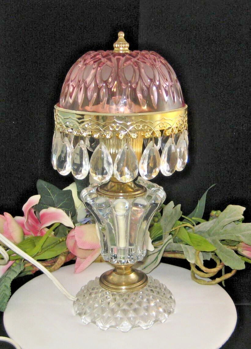 VTG Michelotti style Boudoir LAMP Cranberry /Pink  glass shade & clear Prisms