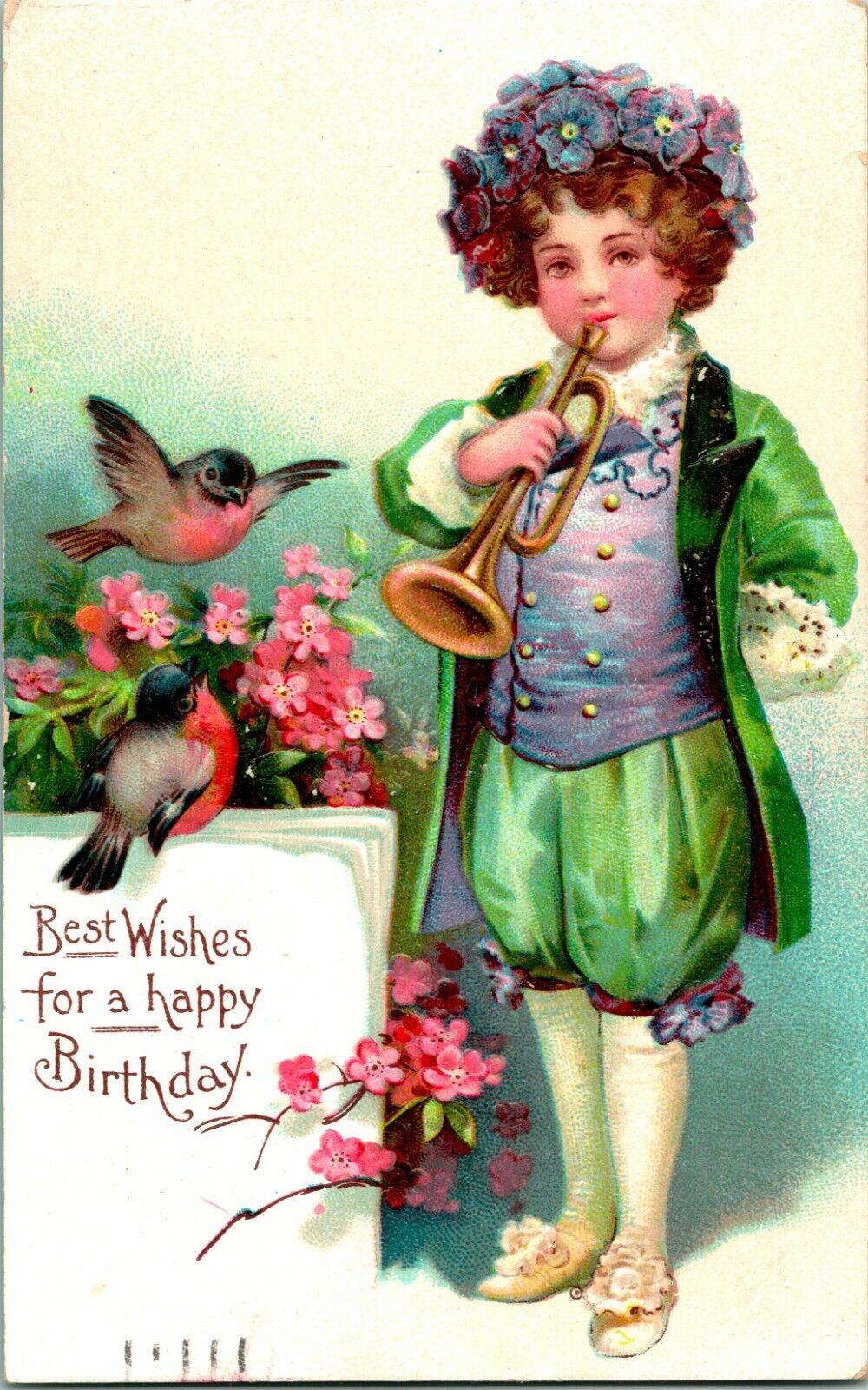  Postcard Ellen Clapsaddle Unsigned Known Design Boy With Birds Bugle Birthday