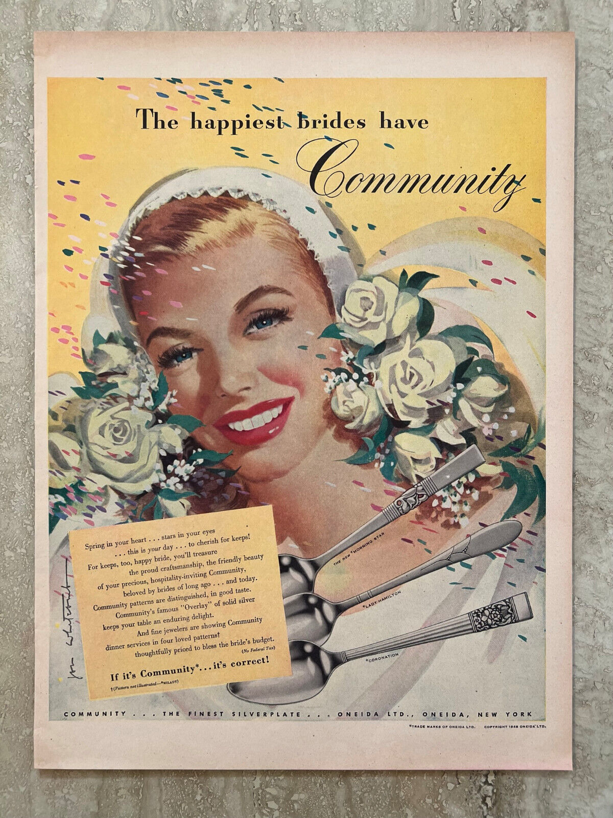 1948 Onedia LTD Finest Silverplate Happiest Brides Have Community Print AD