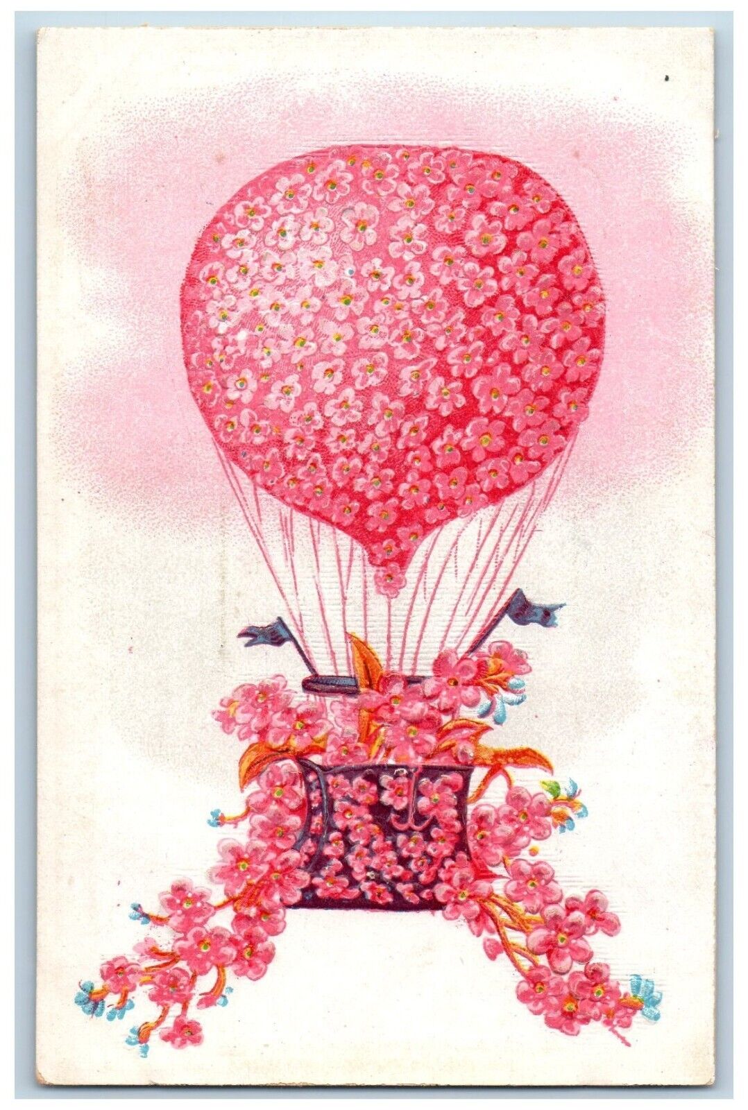Hot Air Balloon Postcard Pink Flowers Embossed c1910\'s Unposted Antique