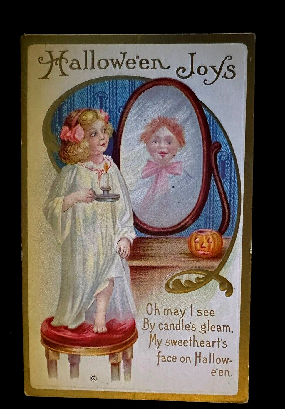 Little Girl with Candle~JOL~Sees  Boy In Mirror~Antique Halloween Postcard~h663