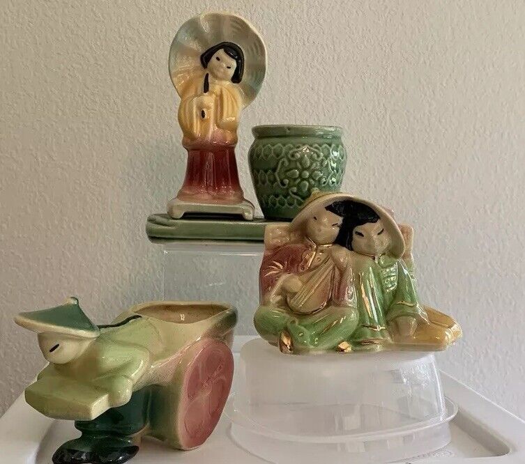 Vintage Ceramic Vase Planter Asian Umbrella Musicians Shawnee USA #573 #701 #539