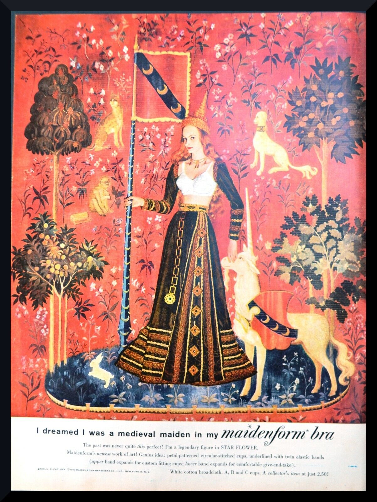 1960 MAIDENFORM Bra Medieval Maiden Woman in Bra Unicorn Art VINTAGE Print AD