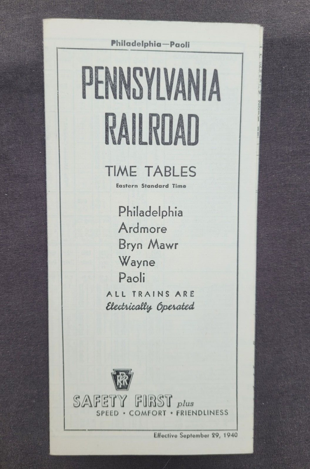 VINTAGE 1940 PRR TIME TABLE  PHILLY ARDMORE BRYN MAWR WAYNE PAOLI   EX COND  30