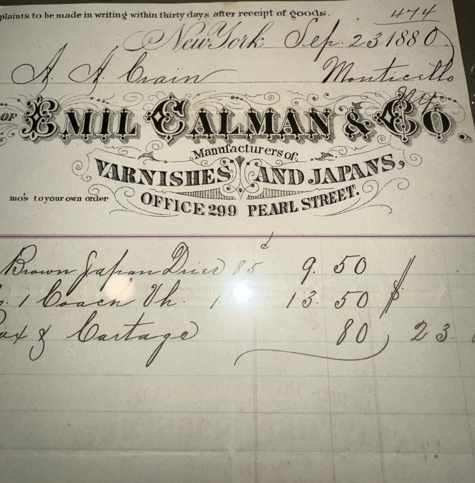 Antique Emil Calman & Co New York  Receipt Dated 1880 Ephemera