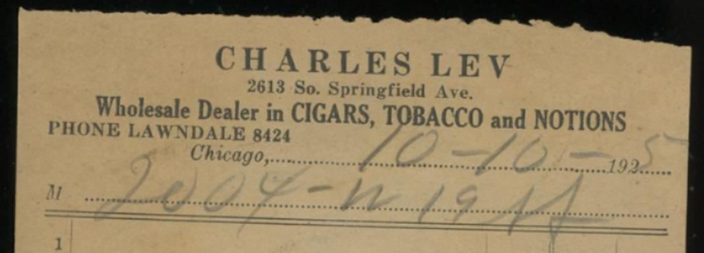 1925 CHICAGO IL CHARLES LEV WHOLESALE DEALER CIGARS TOBACCO NOTIONS INVOICE 35-7
