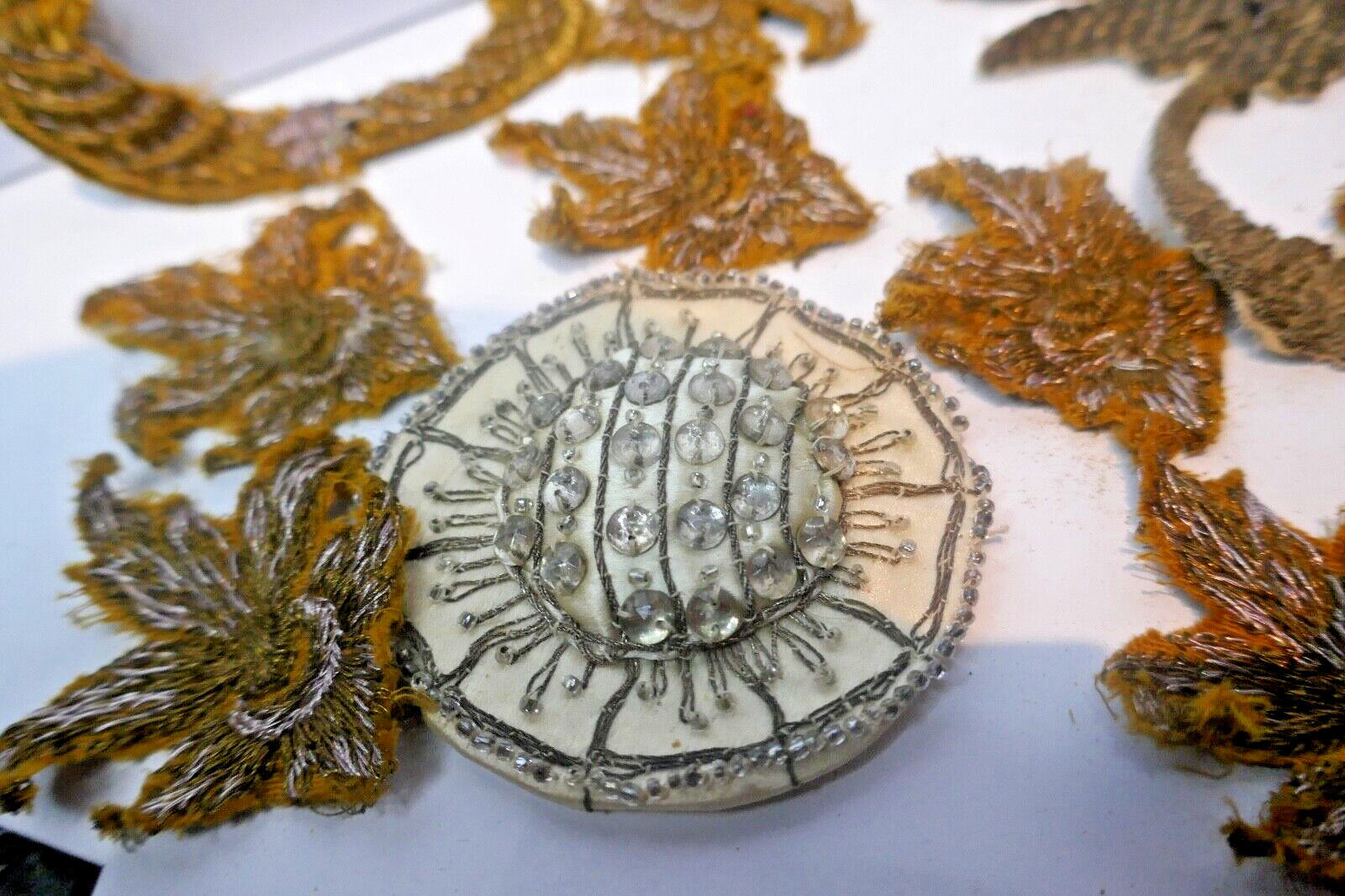 Large Antique Lot Of Metallic Appliques & Satin Decorated Medallion