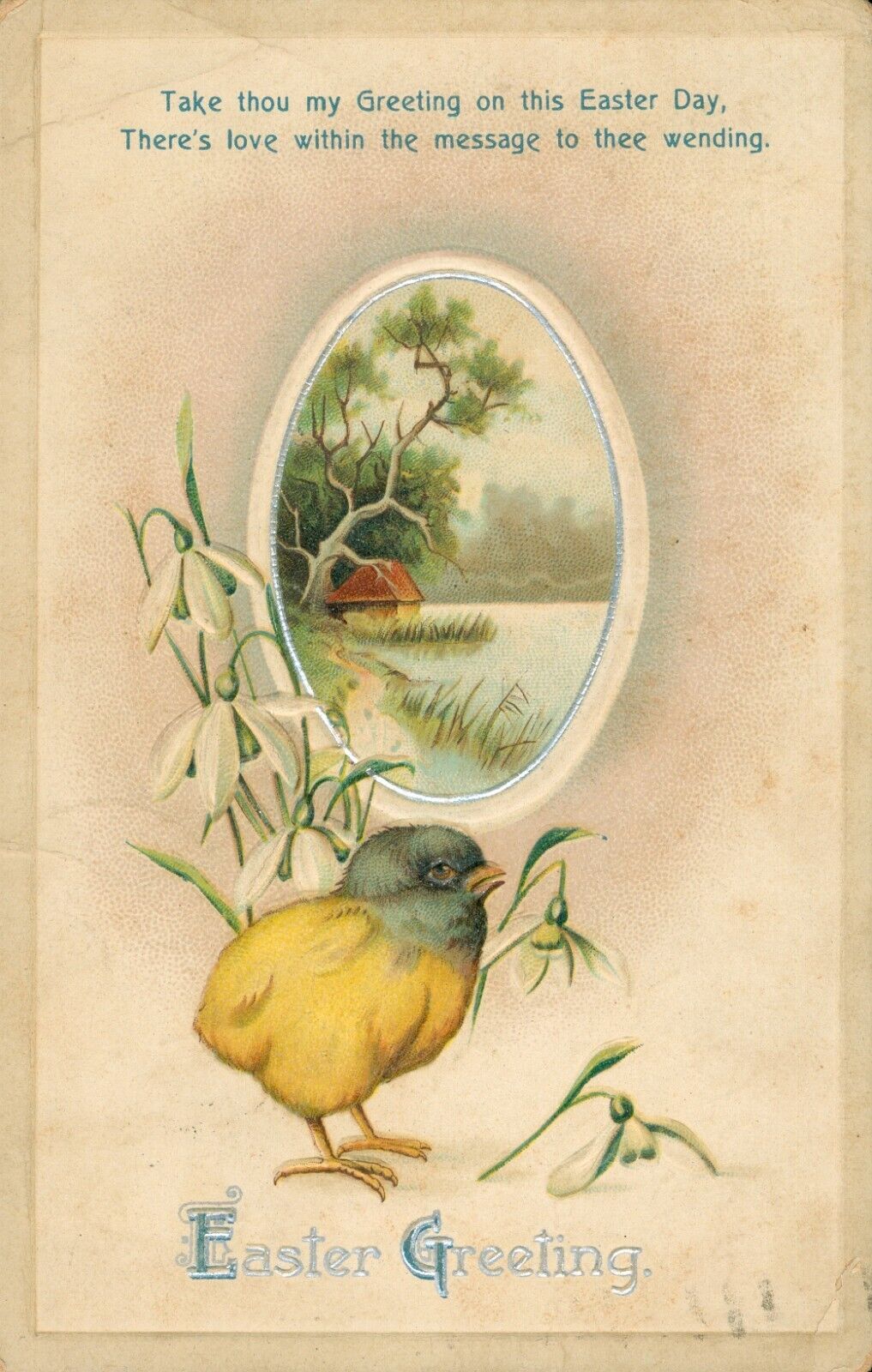 Easter Postcard~Antique~Baby Chick~Pastoral Scene~White Lilies~Poem~1911