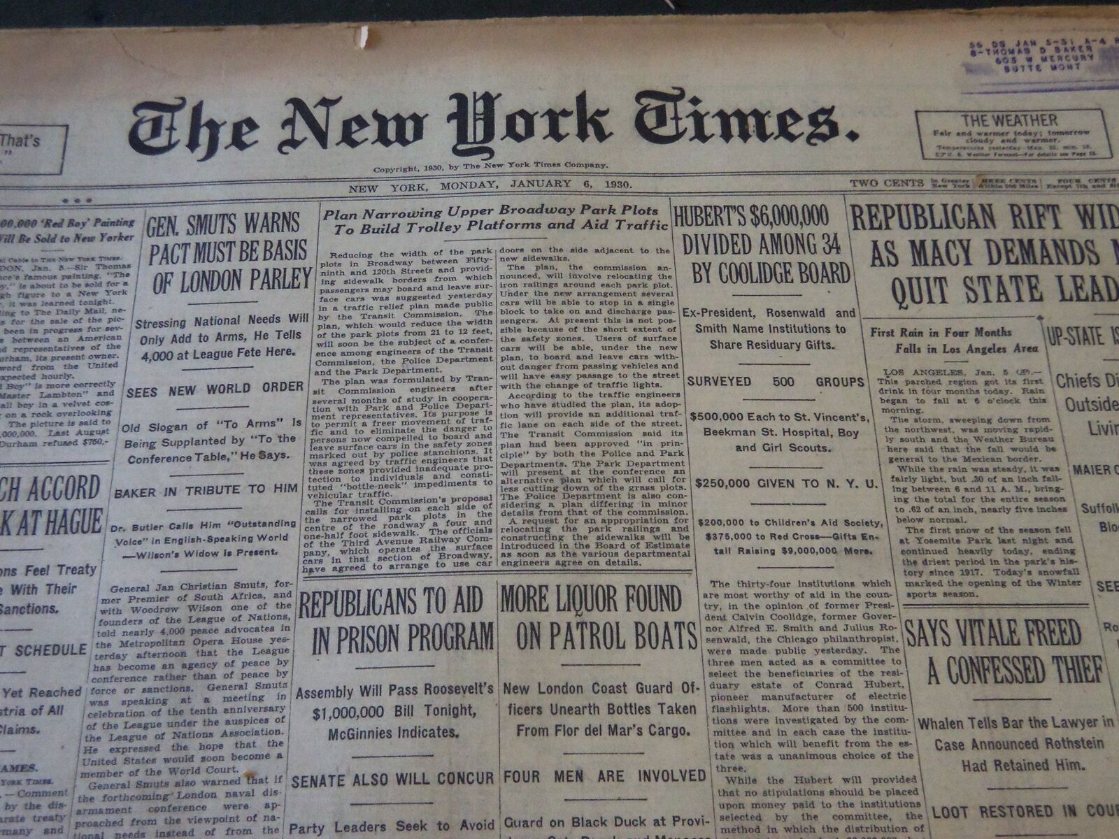 1930 JANUARY 6 NEW YORK TIMES - HUBERT'S $6,000,000 DIVIDEND AMONG 3Y - NT 5700
