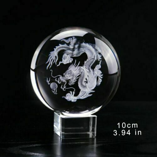 100mm 1PC 3D Laser Engraved Dragon Crystal Ball Feng Shui Globe Glass Ball