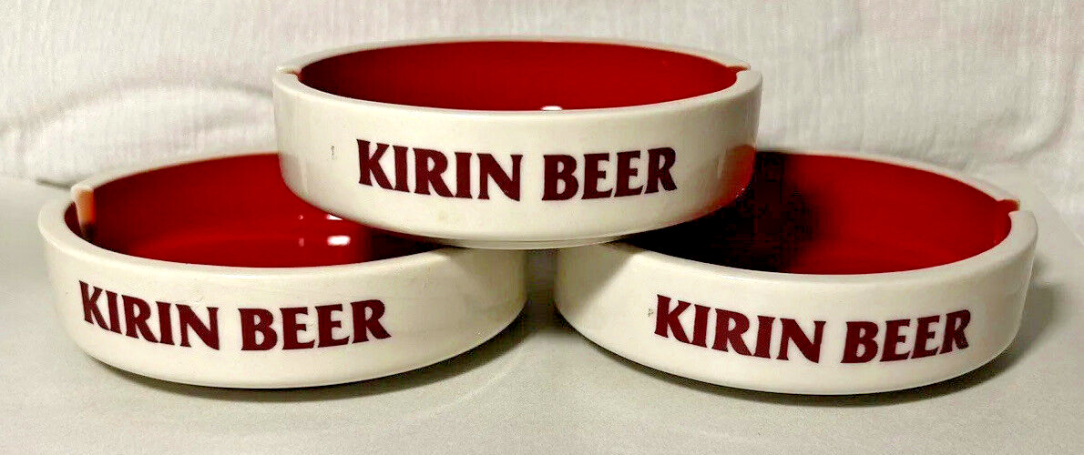Vintage Kirin Beer Red & White Ceramic Ashtray by Sakura Japan 4¼ inch (Lot of 3