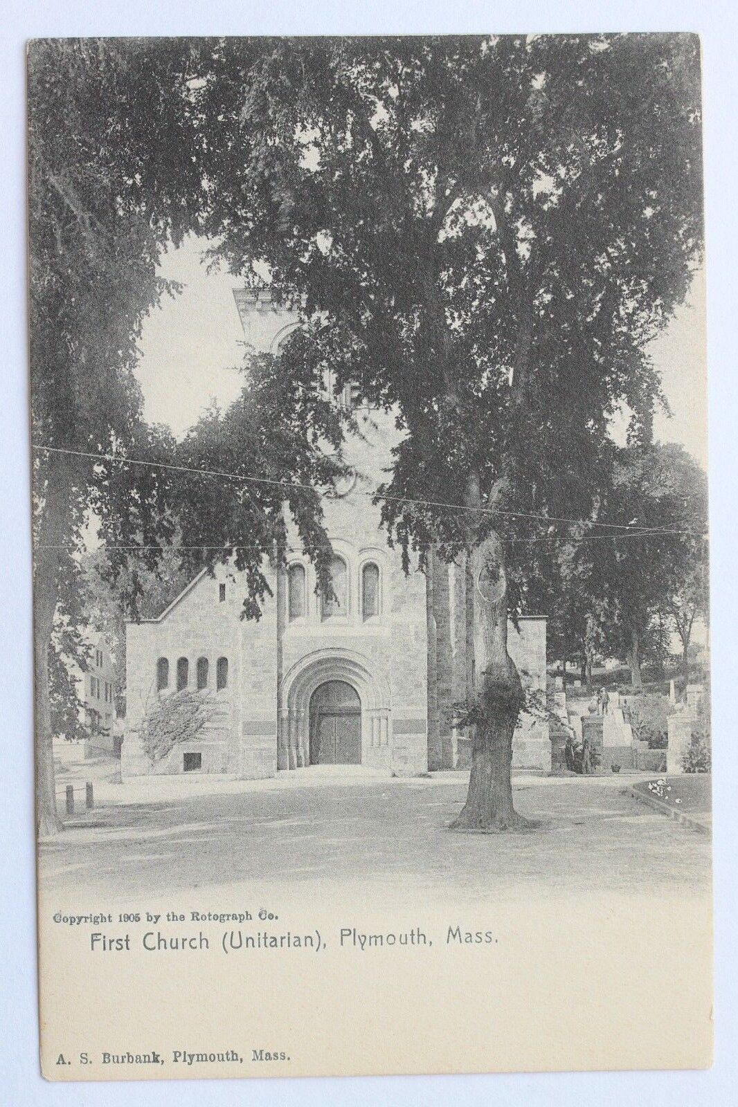 Old Rotograph UDB postcard FIRST CHURCH (UNITARIAN), PLYMOUTH, MA, pre 1907