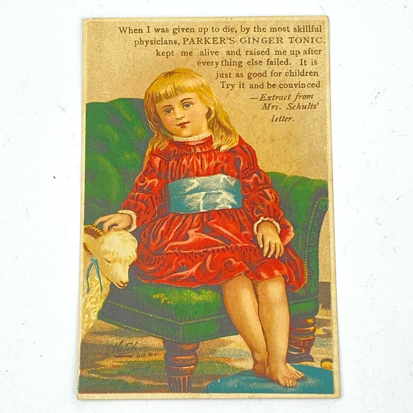 Parkers Ginger Tonic Victorian Trade Card 1880s Quack Medicine Little Girl Lamb