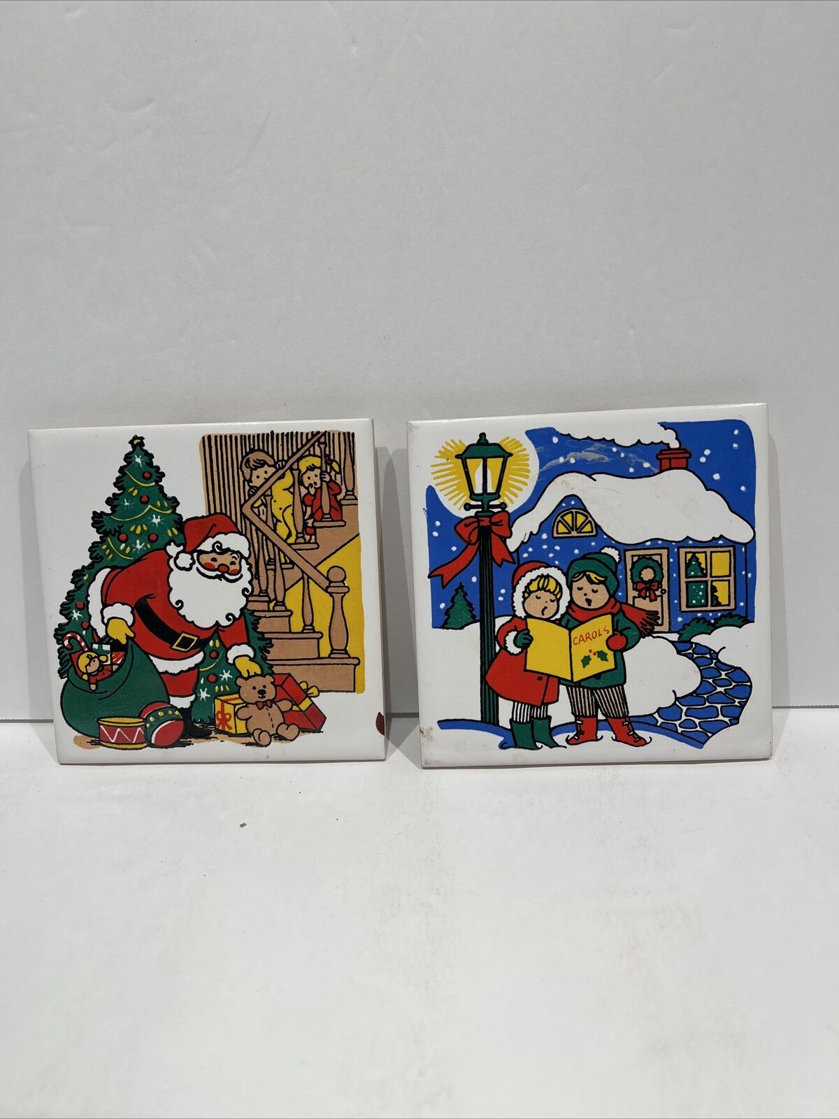 JSNY Vintage 1982 Ceramic Christmas Tile Trivets Santa Holiday EUC