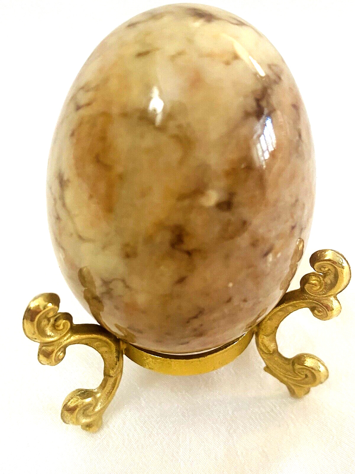 Vintage Polished Natural Marble Stone Egg Pink Hue / Brown Veins w/ Stand