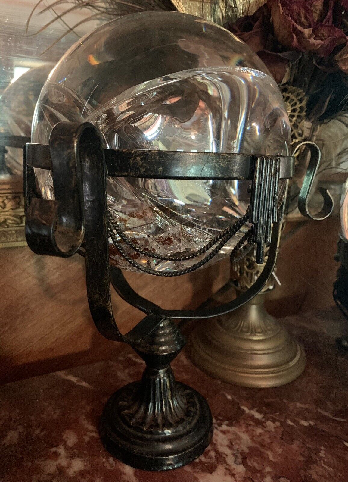 CURSED massive antique crystal ball with ornate stand gypsy european