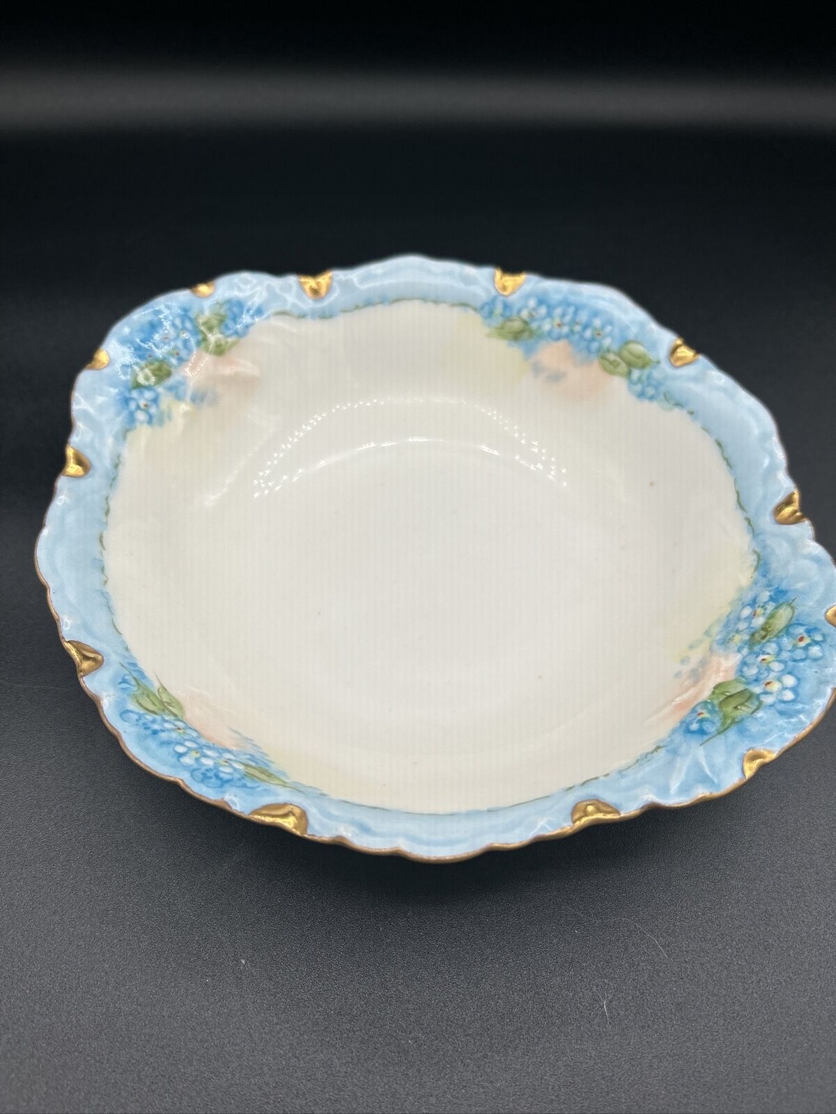 Rare Bavaria Z.S. & Co Hand-Painted Forget Me Not Serving Bowl W/ Gold Gilt Rim