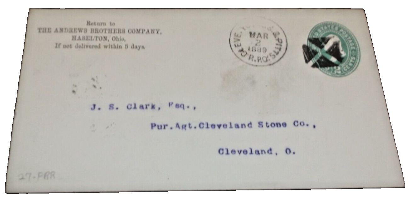 1889 ERIE RAILROAD P&LE CLEVELAND YOUNGSTOWN & PITTSBURGH RPO HANDLED ENVELOPE