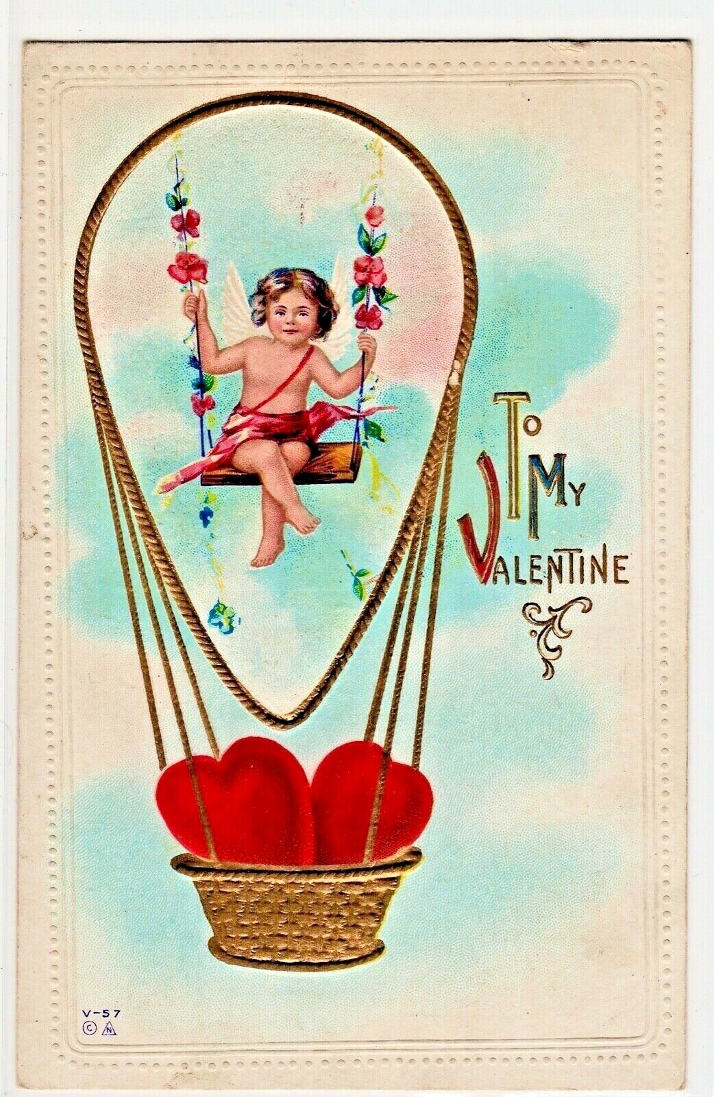 Valentine Greetings Cherub Angel Basket Swing Hearts Gold Embossed PU WOB (Z68A)