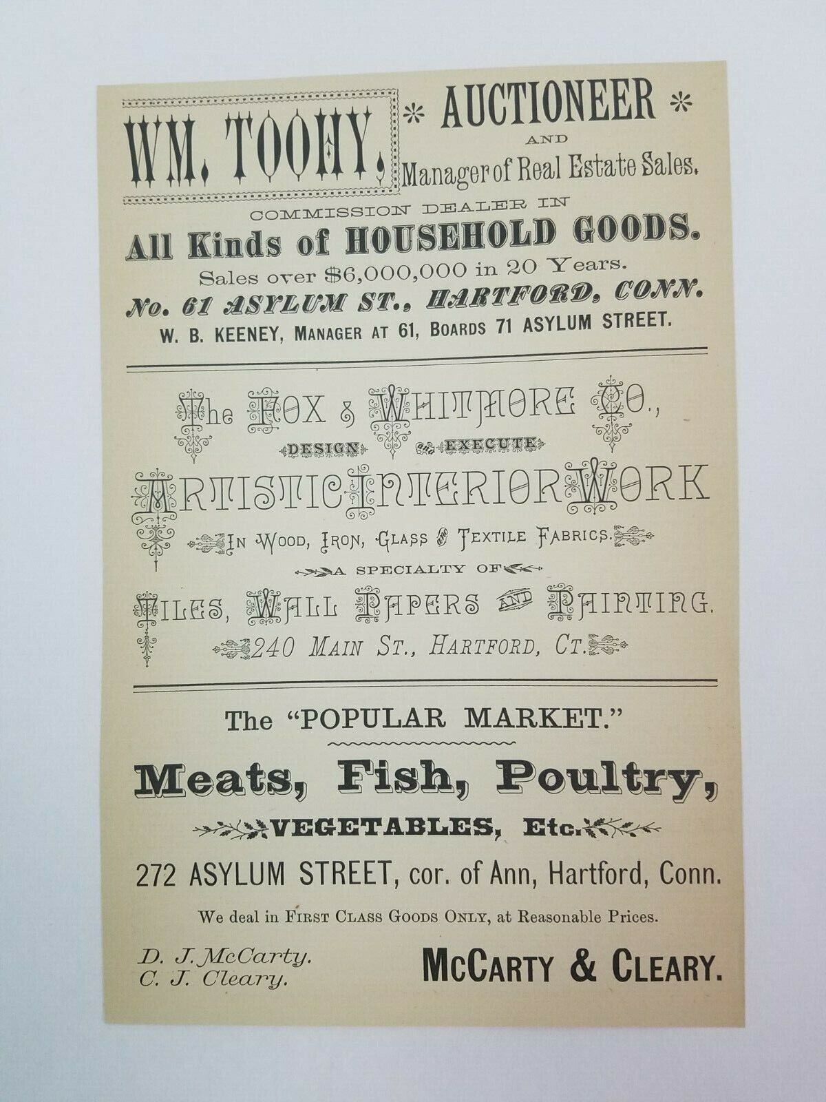 1886 Hartford Connecticut Advertisement Toohy Auctioneer Whitmore Art McCarty 