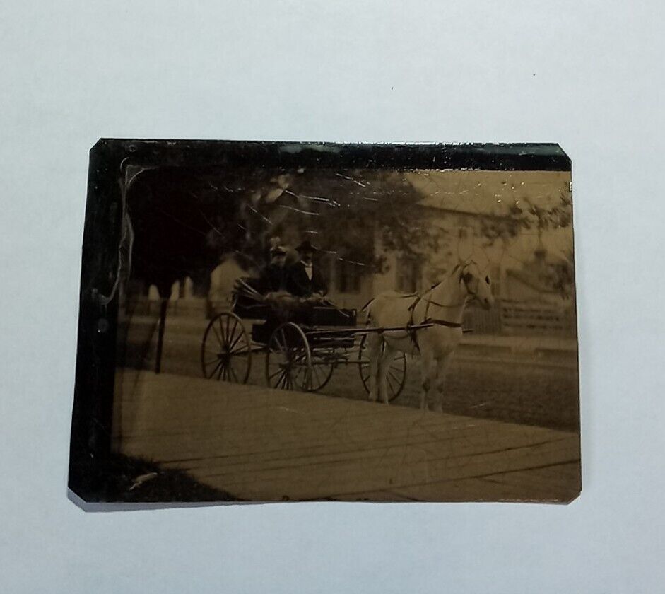 Vintage Antique Black & White Tintype Photograph Man & Woman with Horse & Buggy